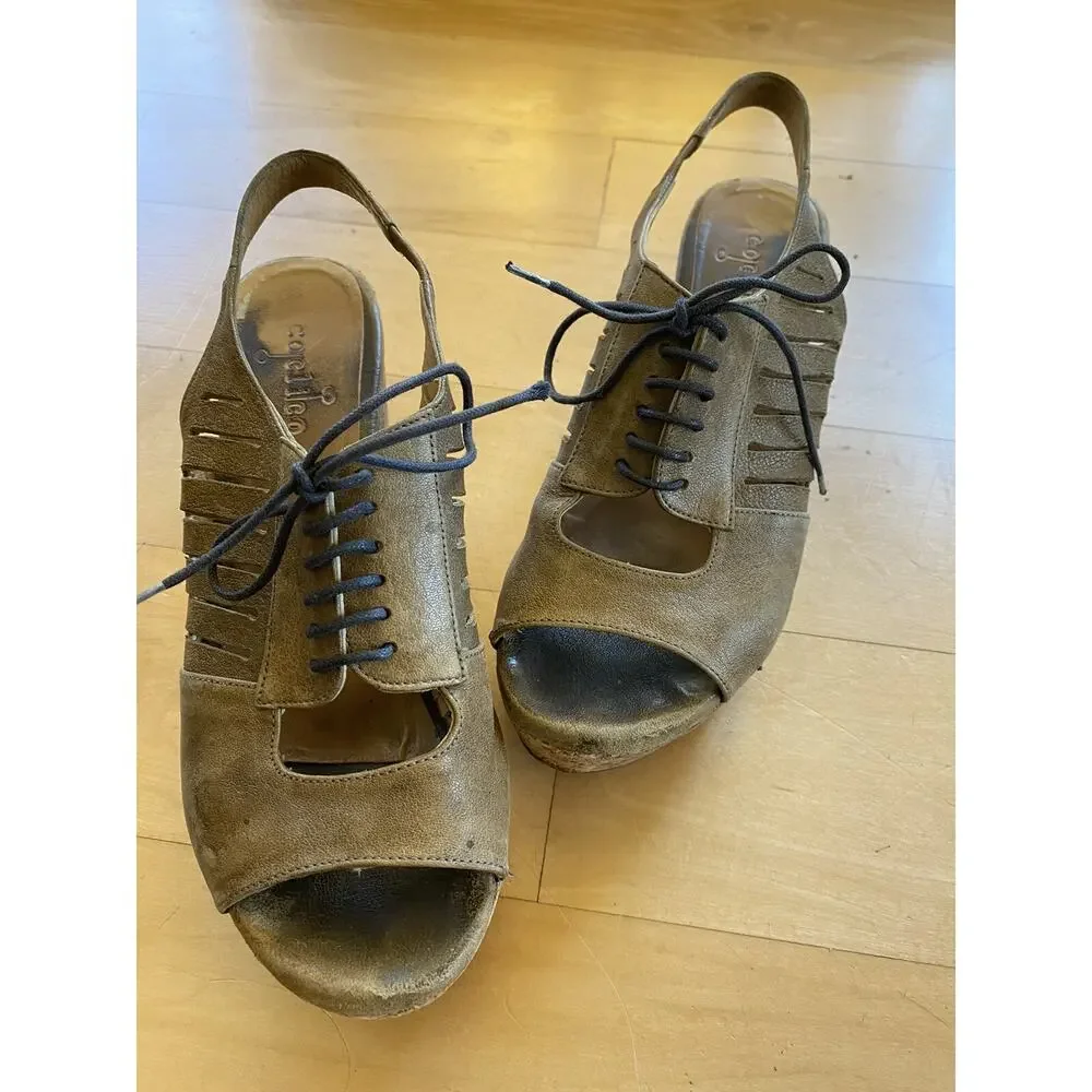 COCLICO Pierced Leather Lace Up Cork Platform Wedge Tie Sandals Brown 37 7 $395